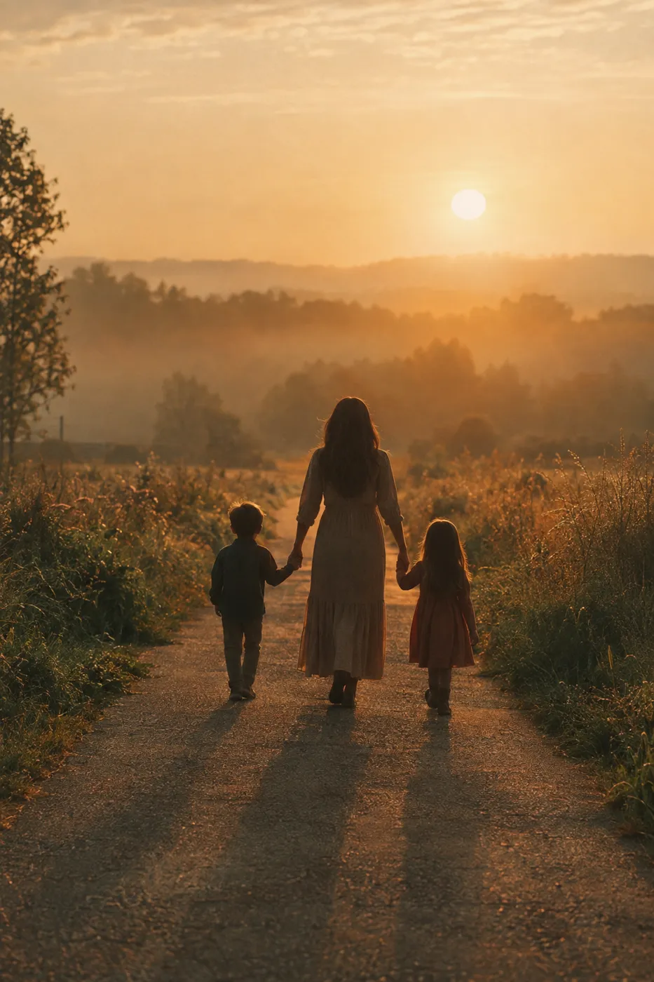 A mother walking hand in hand with her two children down a country road at sunrise